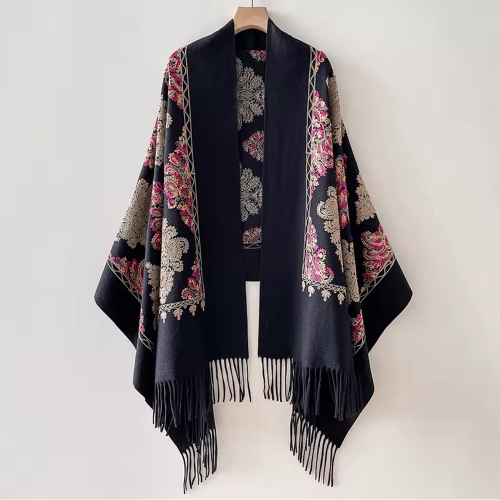 Elegant Black & Pink Floral Shawl Wrap NEW IN PACKAGE with Colorful Embroidery